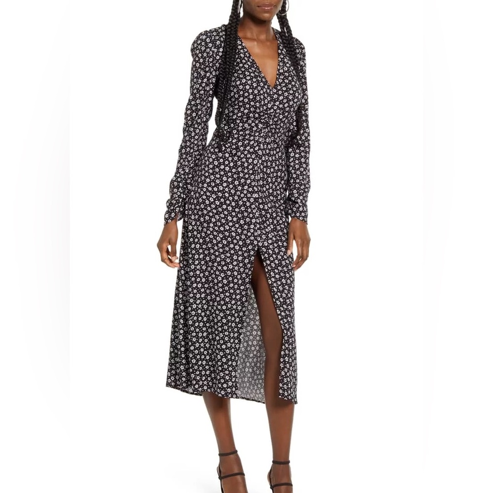 AFRM Womens Dress Long Sleeve Daisy Ditsy Midi V Neck Ruched Puff Sleeves Sz S